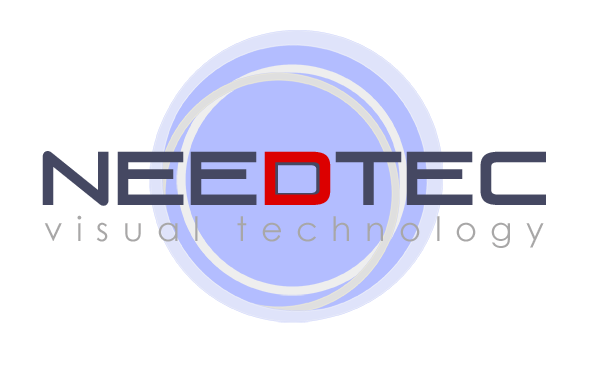 Logotipo de Needtec, con su nombre, un subtítulo "visual technology", sobre un círculo celeste